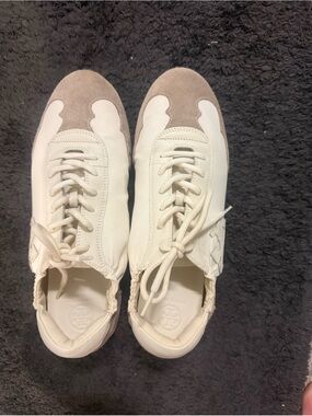 Tory Burch White Leather Sneakers with Taupe Suede Toe